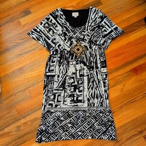 Knee Length Dress - Black and White print, beading